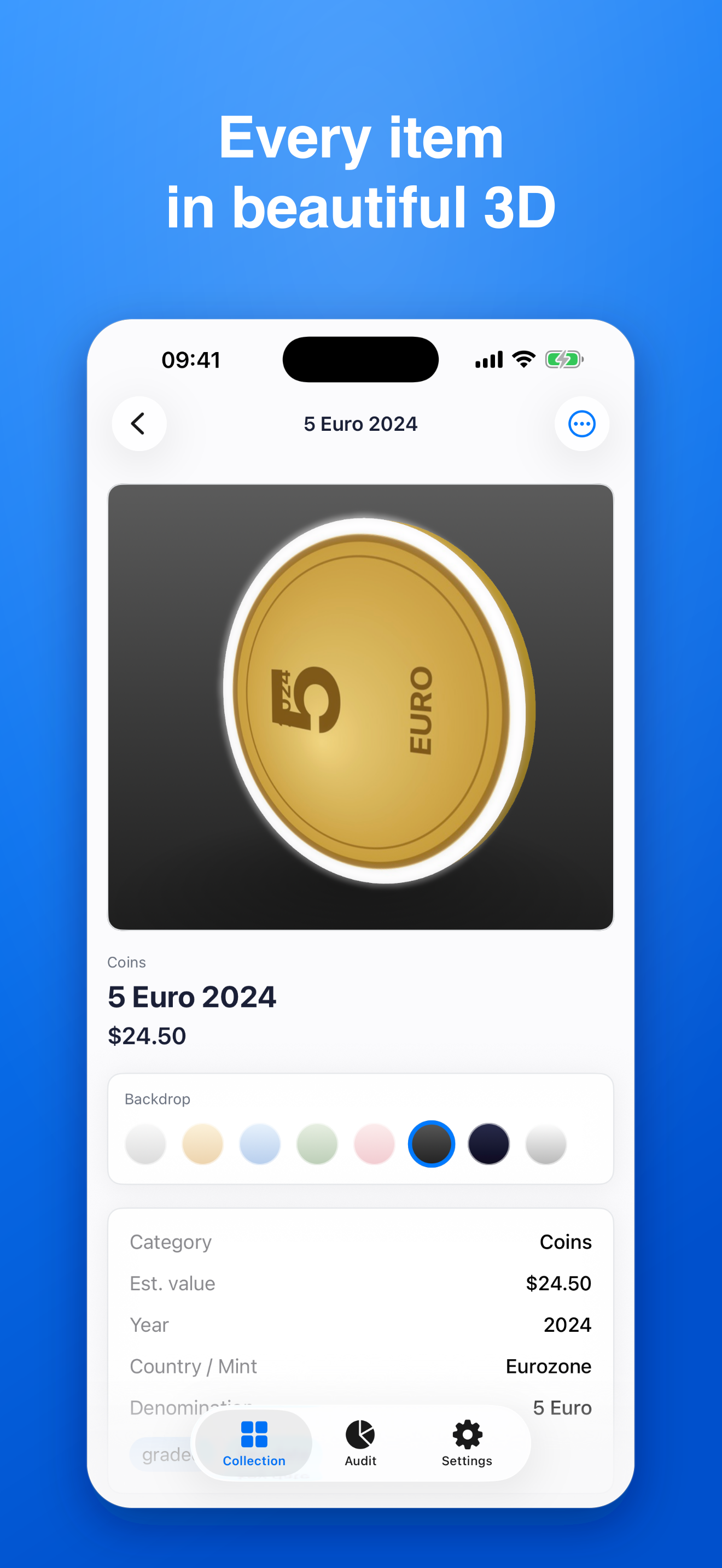 CollectMe item detail with a rotating 3D model